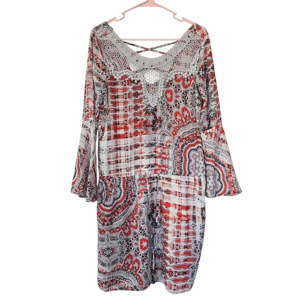 Enzo Beach Cover Dress Multi Bell Sleeves Tie Waist Size M No Size Tag